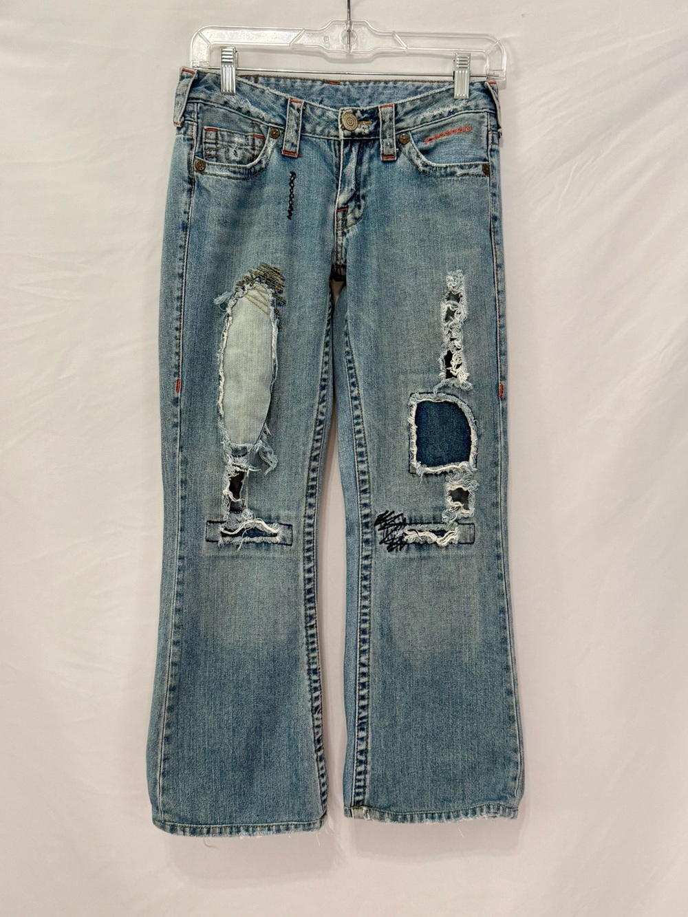 True Religion Light Blue Patchwork Distressed Flare Jeans 28